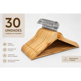 Kit 30 Cabides Madeira Premium 45cm Adulto Closet Madeira