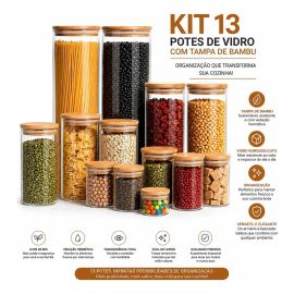 Kit 13 Potes De Vidro Herméticos Com Tampa De Bambu