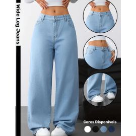Calça Wide Leg Jeans Feminina Reta Perna Larga Empina Bumbum