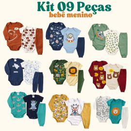 Kit 9 Peças Body Bebê Menino Algodão Inverno Manga Longa