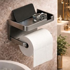 Suporte Papel Higiênico Adesivo De Parede Com Prateleira Porta Celular Sem Furo Ligeiro Cinza