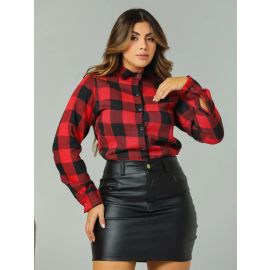 Camisa Feminina Xadrez Flanelada Com Botões E Manga Longa