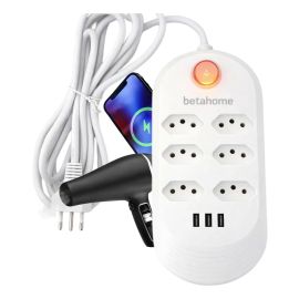 Extensão Elétrica 6 Tomadas Bivolt 3 Usb 2500w Régua Filtro De Linha 2 Metros - BIVOLT