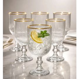 Kit 6 Taças de Vidro Canelado com Borda Dourada para Suco, Água e Drinks - 400 ML