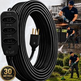 Extensão 30metros Cabo Pp Reforçada Obra Profissional 10/20a Preto 127/220v
