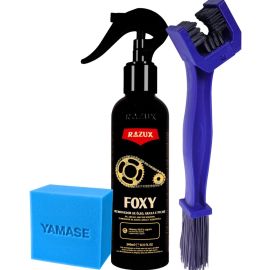 Foxy Remove Óleo Graxa Limpa Corrente Razux 240ml + Escova Correte Azul + Espuma Yamase