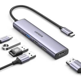 Hub 5 Em 1 Ugreen Usb-c Para 3* Usb + Hdmi 4k + Tipo-c 100w Prateado
