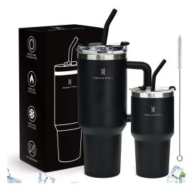 Kit Copo Térmico 1.2l+600ml Garrafa Inox Com Tampa E Canudo Preto Cor Pura / Material Fosco