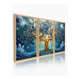 Quadros De Árvore Da Vida 3d Azul Ouro Velho Clássica 122x60 Natureza Borda Infinita