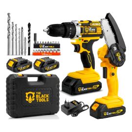 Kit Mini Motosserra Elétrica Portátil e Parafusadeira de Impacto com Maleta Baterias 21v e Acessórios The Black Tools Amarelo 127/220v 50/60hz