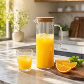 Jarra de Vidro Borossilicato com Tampa de Bambu 1,5l Suco Água Transparente Pítia