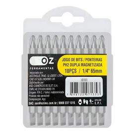 Jogo Bits Ponteira Dupla Philips E Fenda Para Parafusadeira 65mm Ph2+1/4 Imantado 10 Peças Oz