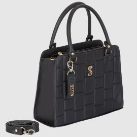 Bolsa Feminina Transversal e Alça de Mão e Selten Cor Preto Liso Ouro