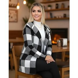 Cardigan Xadrez Tricô Kimono Inverno