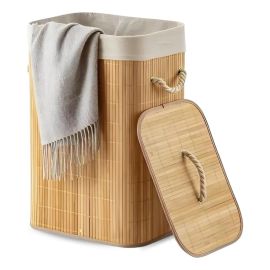 Cesto de Roupa Suja Bambu com Tampa e Alças 60L