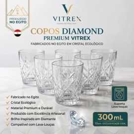 Jogo 6 Copos Diamond Egipcio 300ml Vidro Grosso Diamante