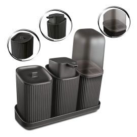 Kit para Banheiro 3 Peças Dispenser Porta Algodão Escova Cor Preto