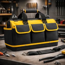 Bolsa Maleta de Ferramentas Grande Reforçada 16 Bolsos para Eletricista e Profissionais - Fundo Firme Em Borracha - Preto e Amarelo Travunker