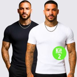 Kit 2 Camiseta Americana Canelada Ribana Algodão Justa Slim