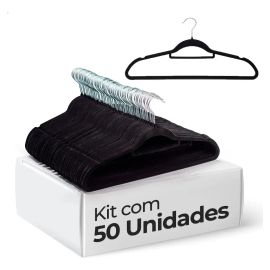 Kit 50 Cabides Veludo de Roupa Antideslizante Slim Adulto Cor Preto