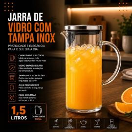 Jarra de Vidro Borossilicato 1,5 Litros Tampa Inox