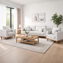 Kit 2 Poltronas Living + Sofá 3 Lugares Base Madeira Linho (3 cores)