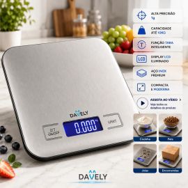 Balança Digital Cozinha eletrônica Touch 10kg Inox Display Led LCD Davely