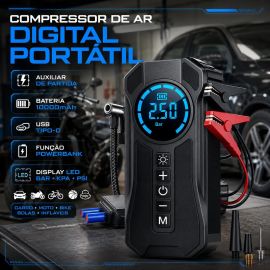 Mini Compressor De Ar Portátil Bateria Emergência Ignição Automotiva Potente Preto Compacto - [PIX]