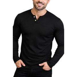 Camiseta Henley Masculina Manga Longa Slim 2 Botões Casual