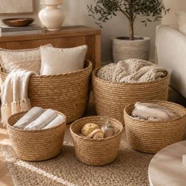 Kit 5 Cestos Redondos de Fibra Natural P/ Decoração - Vencedor - [PIX]