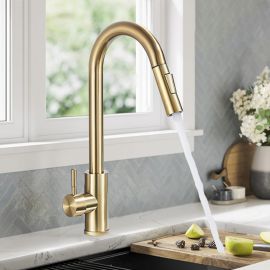 Torneira Cozinha Bancada Gourmet Extensível Misturador Inox Cor Ouro escovado Flexível Misturador