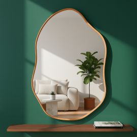 Espelho Orgânico 60x40 Couro Caramelo + Suporte Metálico decoração Sala Penteadeira Quarto Banheiro - [PIX]