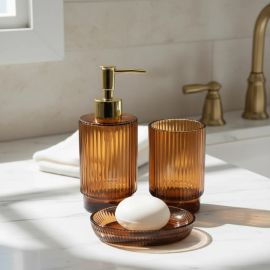 Kit Banheiro Lavabo Lumin 3 Peças Vidro Âmbar Canelado Detalhe Dourado - [PIX]