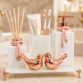 Kit Lavabo Luxo Vidro Square Branco Degrade com Porta Escova Pássaros Bandeja Saboneteira e Aromatizador