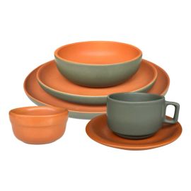 Aparelho de Jantar Verde com Terracota Rústico Cerâmica 24-36 Peças - [PIX]