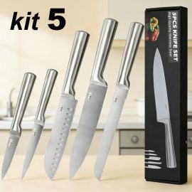 Jogo 5 Facas Profissionais de Cozinha Grandes, Aço Inoxidável 3CR13 para Culinária