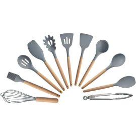 Kit Completo com 12 Peças Utensílios de Cozinha em Silicone com Cabo de Madeira Antiaderentes e Resistentes ao Calor (Cinza)
