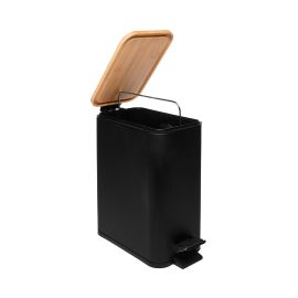 LYOR - Lixeira Quadrada De Metal Com Pedal e Tampa Em Bambu Preta 5L