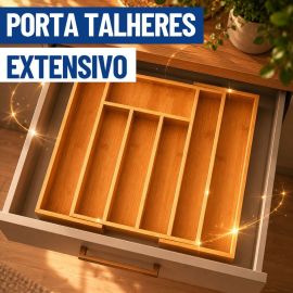 Porta Talheres Extensivo Bambu 7 Divisórias Extensível Ajustável Organizador Madeira