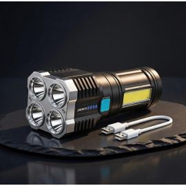 Lanterna Tatica Recarregavel LED USB com 4 Sistemas de Iluminação Preto Camping Carro Floresta