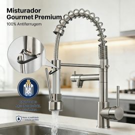 Torneira Cozinha Gourmet Inox Escovado Monocomando com Spray Extensor Luxo Quente Fria Luxo Yesop - [PIX]