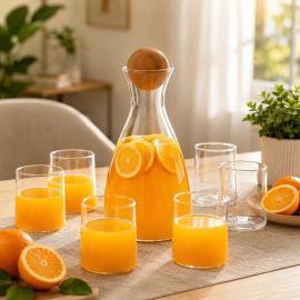 Kit Jarra de Suco e Agua de Vidro Borossilicato 1,7 Litros + 6 Copos 280ml com Tampa de Madeira