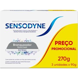 Sensodyne Creme Dental Branqueador Extra Fresh com Flúor, Leve 3 e Pague 2, Anti Tártaro, Contra Sensibilidade, 90g cada - [RECORRÊNCIA]