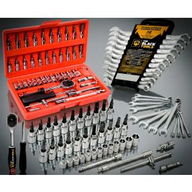 Kit Soquetes Com Catraca 46 Peças + Jogo 12 Chaves + Maleta Vermelho/preto/cromado