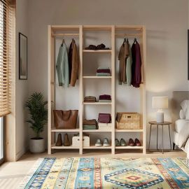 Closet Aberto Guarda Roupas Arara Cabideiro com Prateleiras Natural