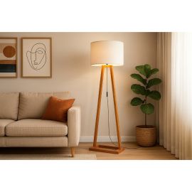 Luminária de Piso Moderna Abajur Chão Madeira com Cúpula Tecido Off White para Sala Escritório - [PIX]
