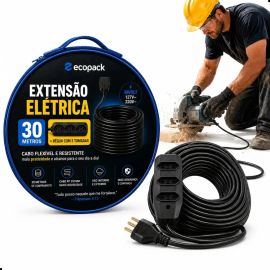 Extensão Elétrica 2x2,5mm de 30 Metros Reforçada 3 Tomadas Bivolt 10a 20a