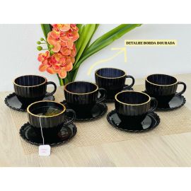 Conjunto Xícaras Preta Fio de Ouro Cha e Cafe 12 Peças com Pires Vidro 100ml Decorada Borda dourada