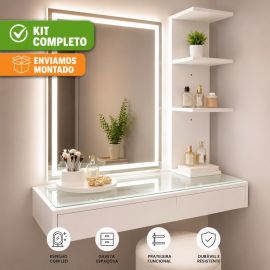 Kit Penteadeira de Vidro com Espelho LED e Prateleira Organizadora Premium Camarim Maquiagem Gaveta Suspensa