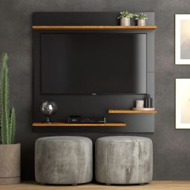 Painel Suspenso Preto/Nature para TV Até 32" com Prateleiras MDP